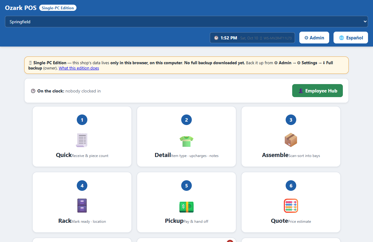 The Single-PC Edition's home screen: a note saying the shop's data lives only in this browser, then the Quick, Detail, Assemble, Rack, Pickup and Quote tiles